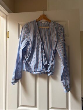 Veronica Beard Striped Wrap Blouse with Buckle in Light Blue - Women